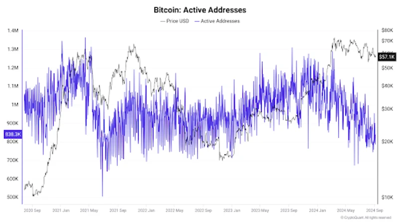 Diagram over aktive Bitcoin-adresser med prisoverlegg, som viser uregelmessige nettverksaktivitetstrender mellom 2020 og 2024.