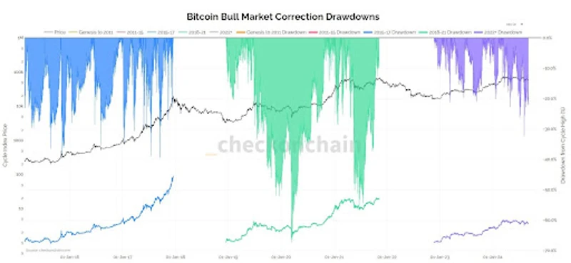 Diagram som viser korreksjonsmønstre i Bitcoin-bullmarkedet, med mønstre på tvers av flere sykluser.