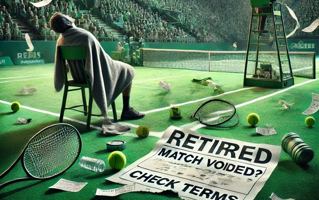 Retired match banner on tennis court asks: “Match voided? Check terms,” hinting at betting rule confusion.