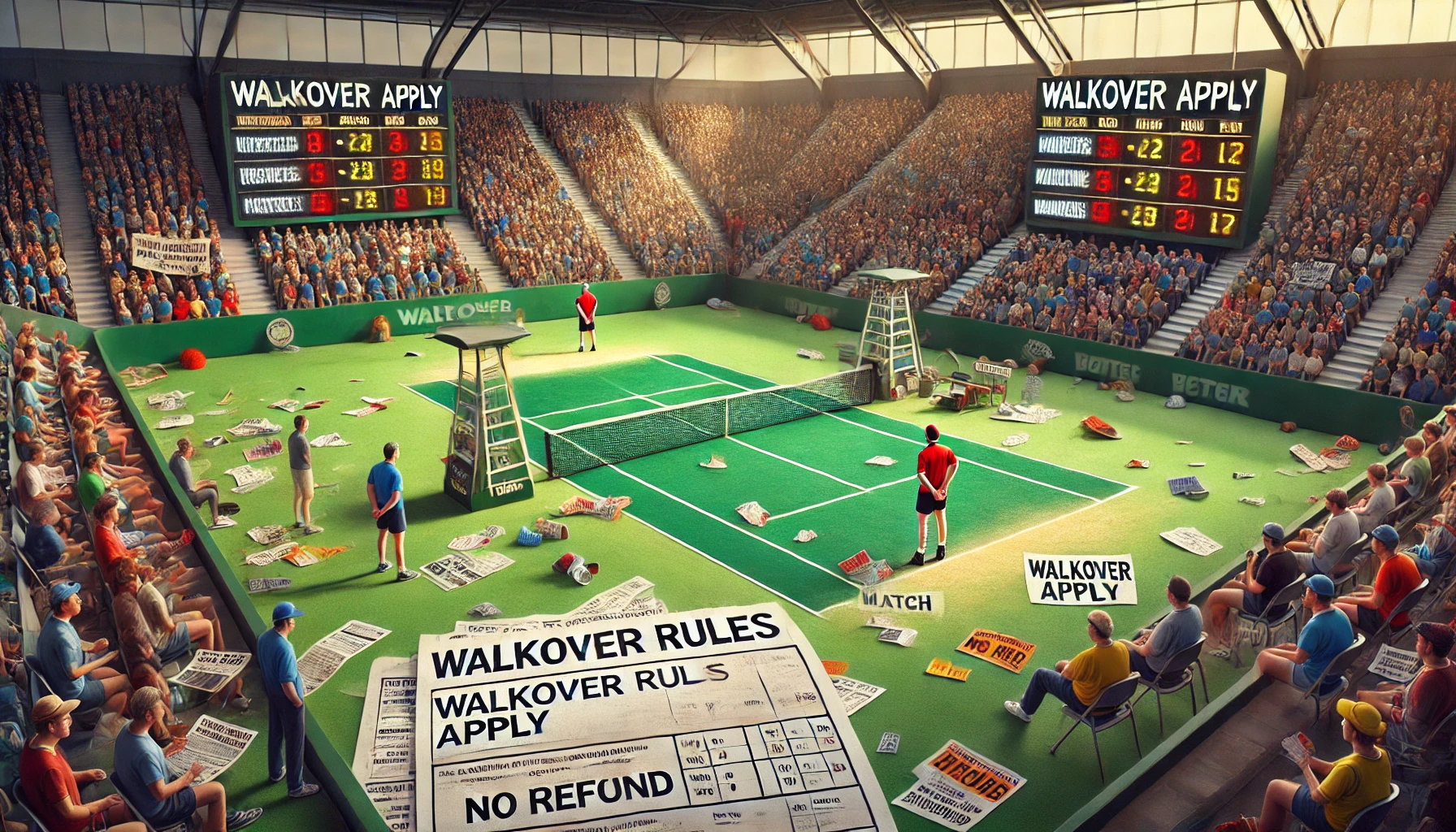 Tennis match chaos with Walkover Apply signs, highlighting betting rule confusion and no-refund policies